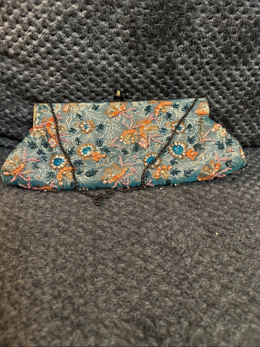 Embroidered Teal Floral Evening Clutch